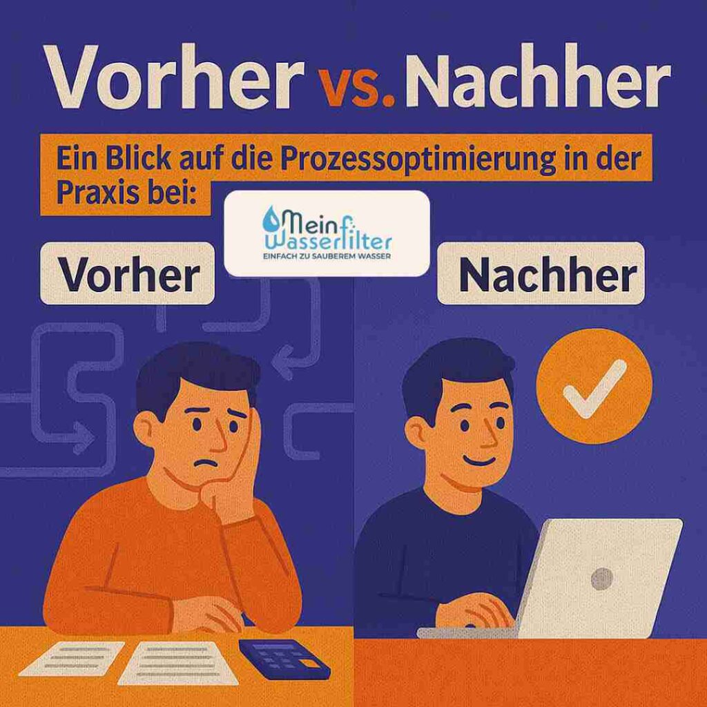 Das Bild zeigt Vorher vs. Nachher: Ein Blick auf die Prozessoptimierung in der Praxis bei der mein-wasserfilter.com