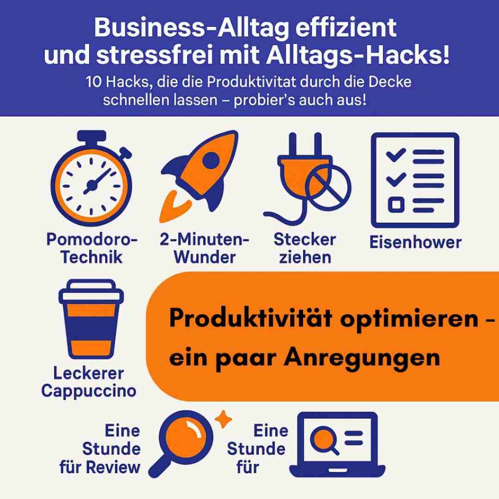 Das Bild zeigt 10 einfache Hacks für mehr Produktivität